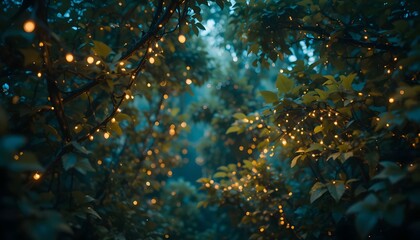 Magical forest canopy illuminated by warm fairy lights at twilight