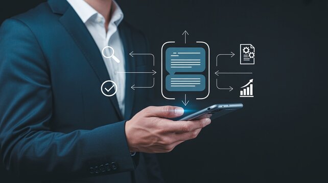 Businessman holding a smartphone displaying a digital flow chart for data processing, management, and automation workflow on a dark background