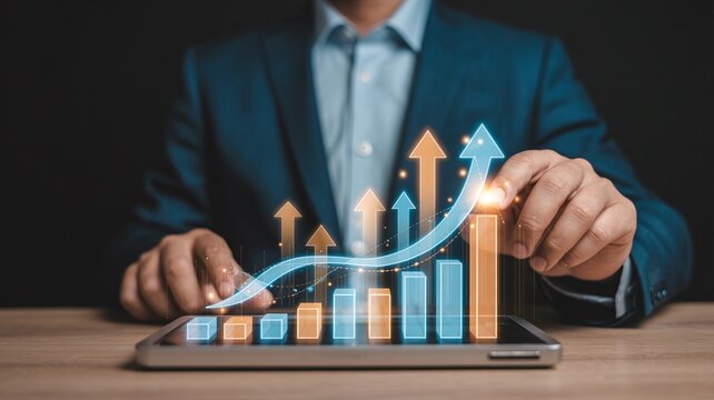 Professional businessman presenting a holographic digital graph with glowing upward arrows, illustrating tremendous financial growth and rising profits - Powered by Adobe