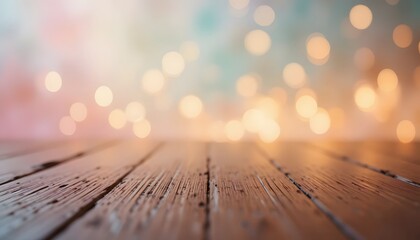 Empty wooden table surface with soft bokeh lights in the background