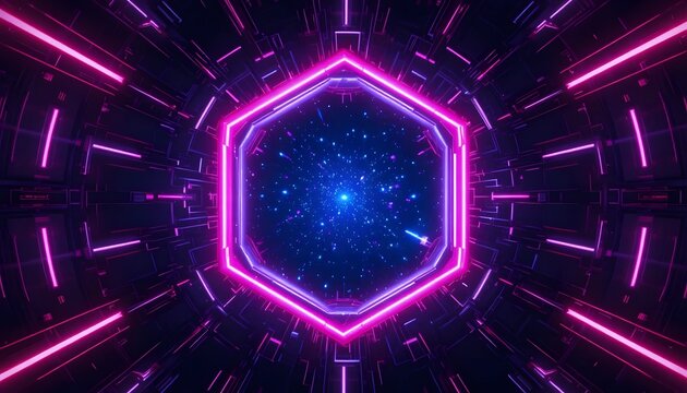 Futuristic neon hexagon portal with glowing blue center and pink lights