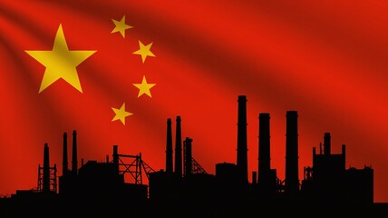 China flag silhouette representing massive Chinese industry, factories, and the economy, symbolizing production, pollution, and global manufacturing