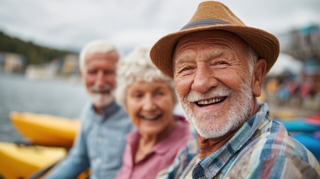 Three smiling seniors sit together by the water wearing casual clothing and hats. They are ready for a kayaking adventure on a cloudy day enjoying the lively atmosphere around them. - Powered by Adobe