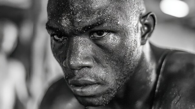 A focused athlete trains hard in a gym sweat glistening on his skin as he prepares for an upcoming boxing match. The atmosphere is charged with determination and effort.