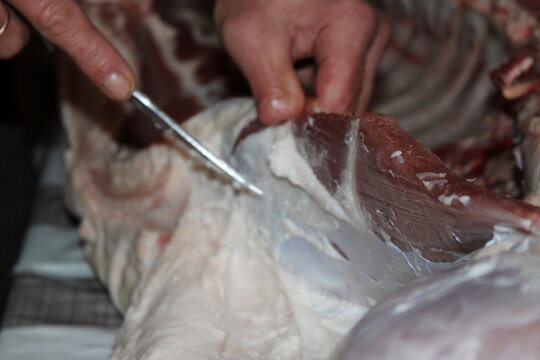 Skillful butchering technique showcased in a meat preparation scene at a local market