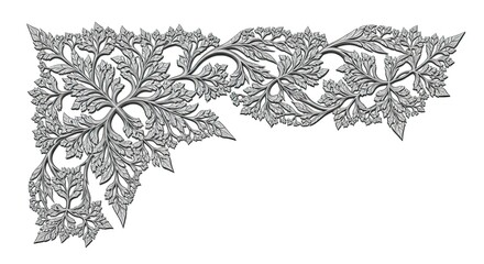 Elegant corner design element featuring intricate floral and leafy pattern in grayscale