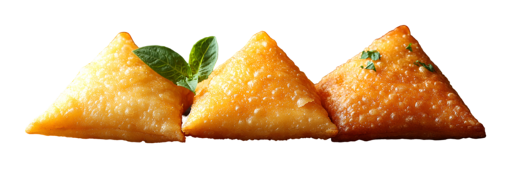 Golden brown triangular pastries against transparent background