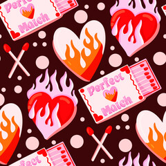 Cotton fabric Perfect Match Flaming Hearts Valentine Love Seamless Pattern with Burning Heart Illustration Romantic Pink Background Cute Matchstick Theme for Couples and Gifts