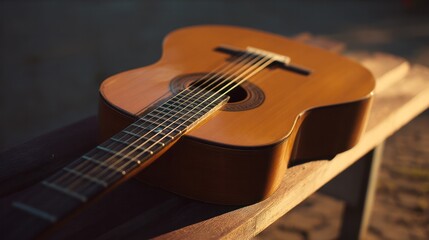 Fototapeta premium A acoustic guitar placed on a wooden bench, highlighted by the warm sunshine and soft focus.