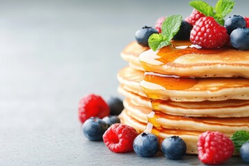 Fluffy Golden Pancakes Drizzled with Maple Syrup and Fresh Berries