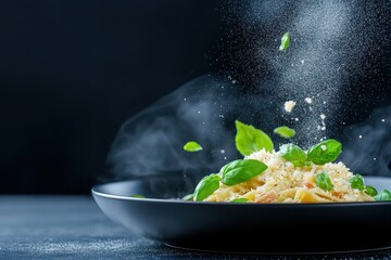 Fresh Gourmet Pasta with Basil and Parmesan in Steaming Bowl