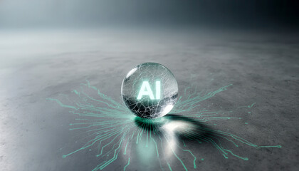 Cracked glass sphere with glowing AI sign, symbolizing trust erosion and the intersection of technology and ethics in artificial intelligence