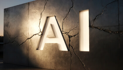 Illuminated AI symbol on a cracked wall, conveying themes of technology, ethics, and trust, reflecting the complexities of artificial intelligence in modern society