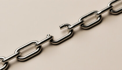 An intertwined metallic chain with brocken link lying on a smooth neutral background