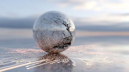 Abstract illustration of a cracked glass sphere resting on a circuit board, symbolizing the intersection of technology and ethics in artificial intelligence and trust erosion