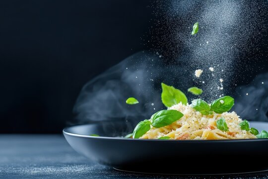 Fresh Gourmet Pasta with Basil and Parmesan in Steaming Bowl
