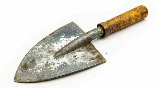 Video Rusty old trowel lying on a clean white surface