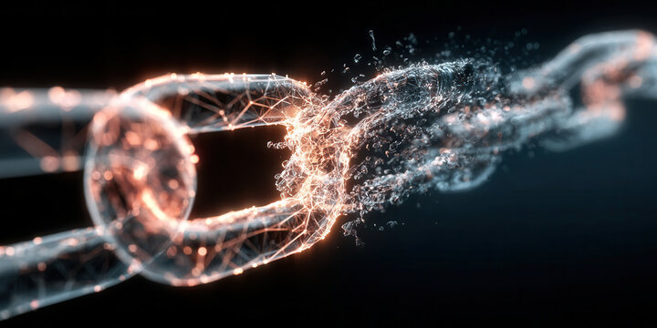 A digital glowing chain with a dissolving link , dark digital background, a  metaphor for broken connections in AI ethics. Representing the importance of trust in artificial intelligence technology