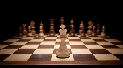 Chessboard with the king piece missing, strategic overhead view with dramatic lighting. tutorial guides, club newsletters, designed for tourism and weekend activity guides.