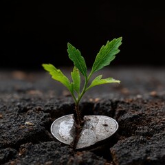 Green Sprout Growing Through Broken Coin Symbolizing Resilience
