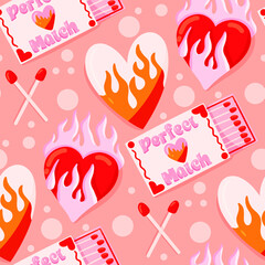 Cotton fabric Perfect Match Flaming Hearts Valentine Love Seamless Pattern with Burning Heart Illustration Romantic Pink Background Cute Matchstick Theme for Couples and Gifts