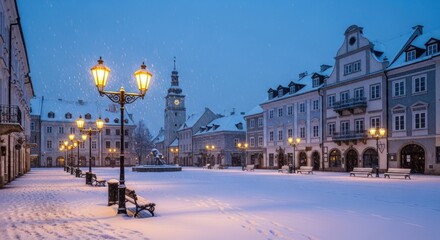 Obraz premium Peaceful Winter Evening in a Snow-Covered Historic European Town with Illuminated Streetlights and Falling Snow