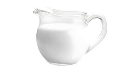 Fresh milk in a clear glass pitcher against a ready for breakfast use