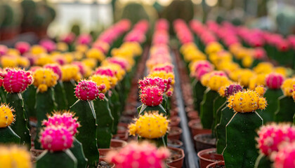 Rows of colorful grafted moon cactus plants in a greenhouse succulent
