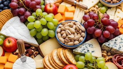 Assortment of cheese grapes crackers nuts and apples on platter cheese platter