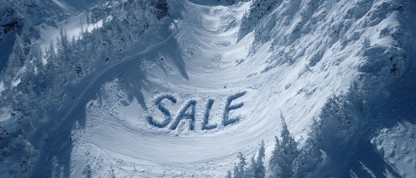 Winter sale in snowy landscape with sale typography on alpine slope winter mountains ski discount concept