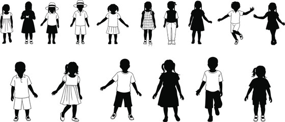 Collection of diverse children silhouettes standing and posing in various outfits, grouped vector illustration ideal for education, childhood, community, and design projects