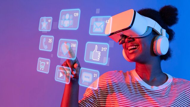 A cheerful woman wearing a virtual reality headset interacts with a digital interface, showcasing modern technology and social media engagement in a vibrant setting. Raster - Powered by Adobe