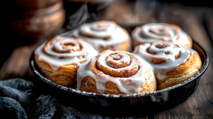 Homemade Cinnamon rolls on a rustic baking tray, food photogtaphy