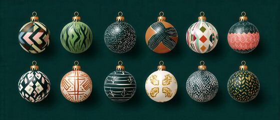 Collection of Christmas ornaments with abstract geometric painted patterns on deep green background. Large banner size