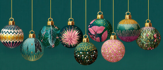 Collection of suspended Christmas ornaments with abstract geometric painted patterns on deep green background. Large banner size
