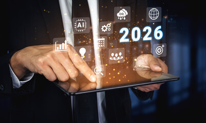 Digital icons, analytics symbols, and glowing number 2026 representing business goals, innovation, and market growth Parse