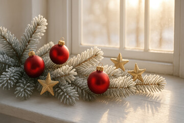Red Christmas balls and golden stars on frosted pine branch