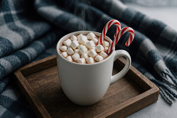 Hot chocolate with marshmallow and candy cane on wooden tray