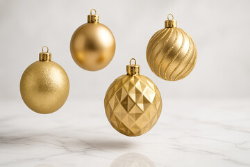 Golden Christmas ball ornaments with various textures and patterns