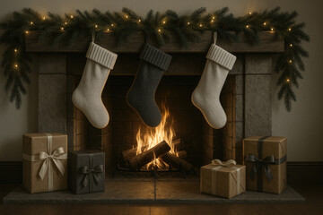 Christmas stockings hang on fireplace with gifts and warm fire
