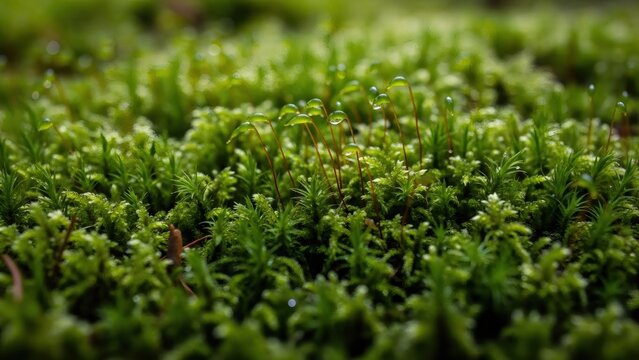 Fresh green moss with water drops creating a vibrant natural carpet. Close-up texture of diverse bryophytes for nature theme background or natural design.
