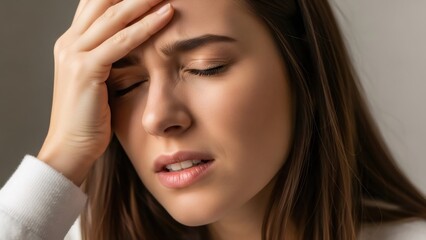 Fototapeta premium Woman suffering from a headache, holding her temple with her hand. Concept of pain, stress, migraine, or exhaustion. Healthcare and medical issue.