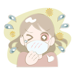 Allergy eye irritation girl illustration with mask