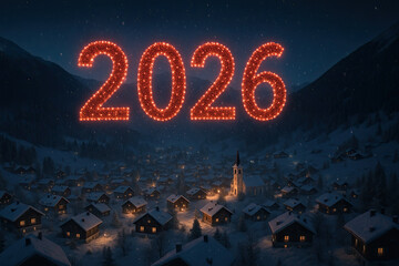 New year 2026 glowing lights above snowy village at night