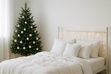 Christmas tree with white ornaments and cozy bed with pillows