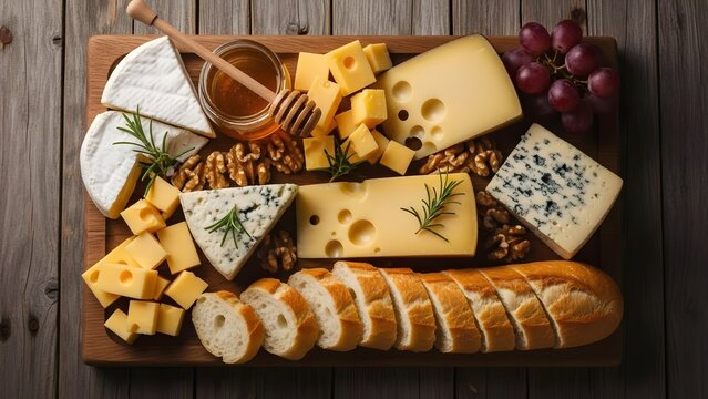 Assortment of cheeses bread walnuts grapes and honey on wooden board cheese board