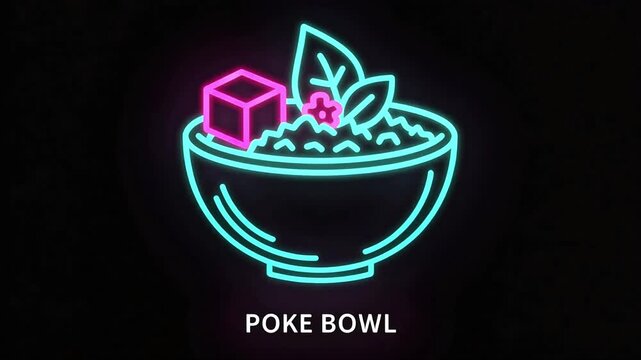 Neon poke bowl icon with simple fish cube, rice dots and leafy shapes, cyan and pink glowing tubes, soft breathing halo effect, clean minimal food graphic on pure black background.
