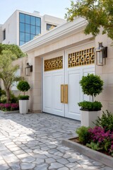 Fototapeta premium White entrance gates with gold details and modern architecture