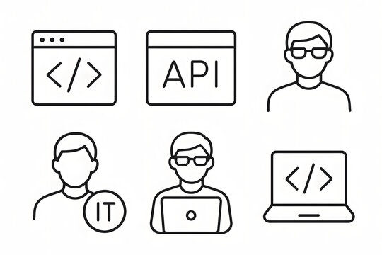 IT Tech and Coding Icons: A collection of concise line art icons representing essential aspects of the information technology, coding, and API interfaces. Demonstrating modern tech