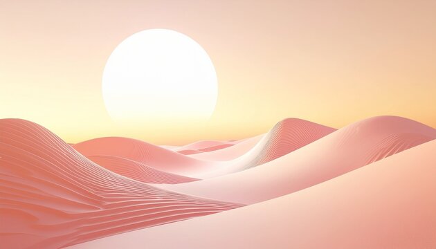 Pink desert dunes with large sun at sunset sand landscape